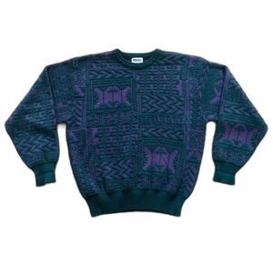 Vintage 80s Meister Men's Purple Green Patterned Sweater Size Large